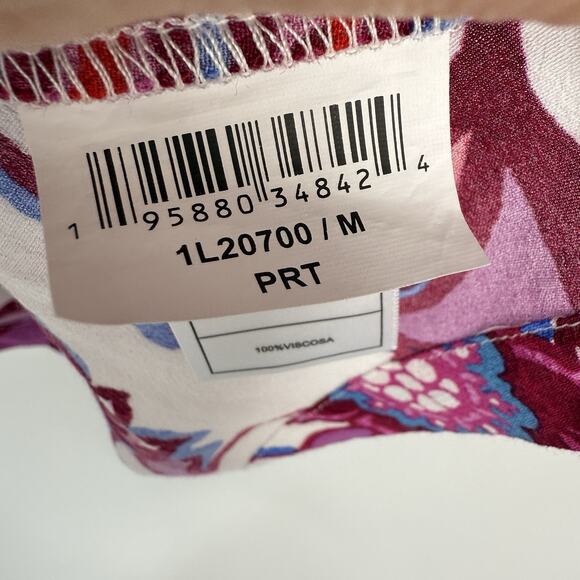 Karen Kane Top Pink Floral Puff Sleeve Button up Crepe Tropical - Picture 8 of 10